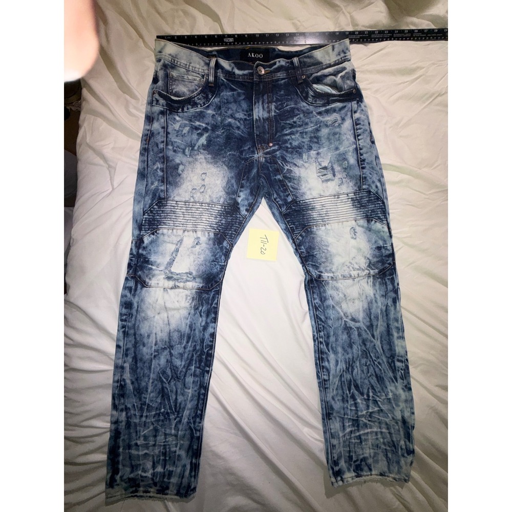 AKOO No Rivals Mens Distressed Acid Wash Moto Jeans Size 38 Streetwear T11-19